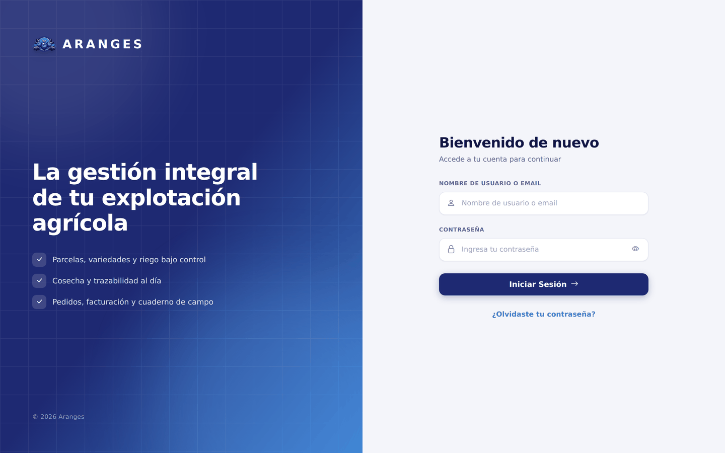 Pantalla de inicio de sesión de Aranges