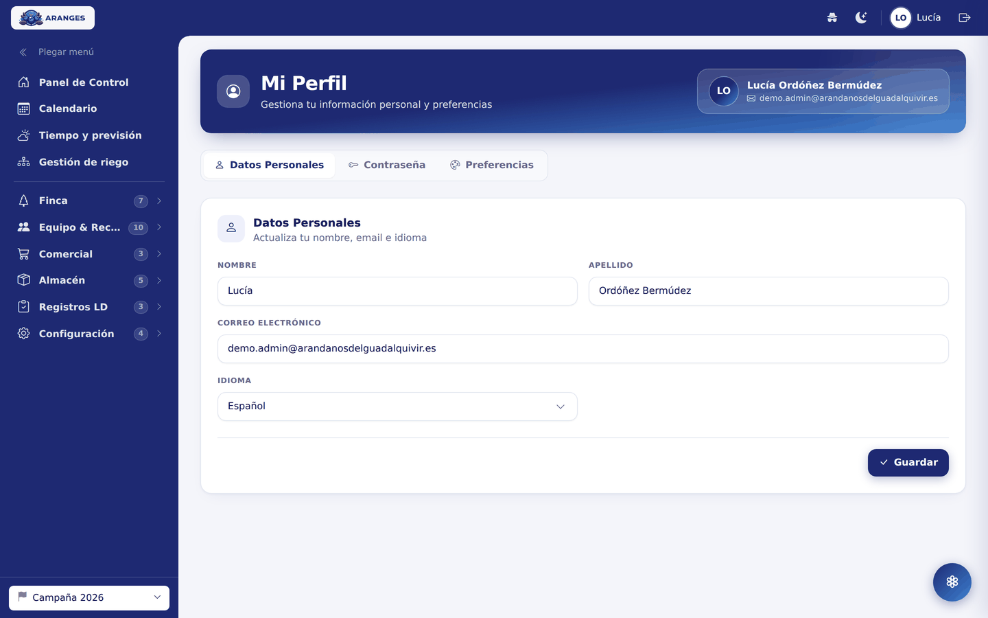 Pantalla de perfil de usuario