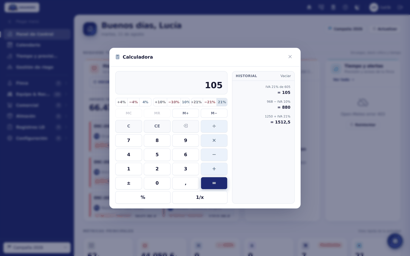 Calculadora abierta con la cinta de historial
