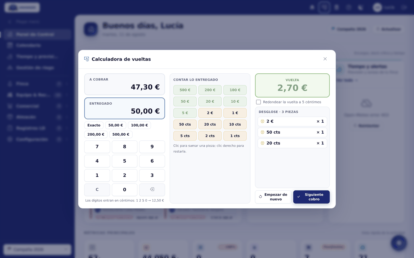 Calculadora de vueltas con el importe, lo entregado y el desglose de la vuelta