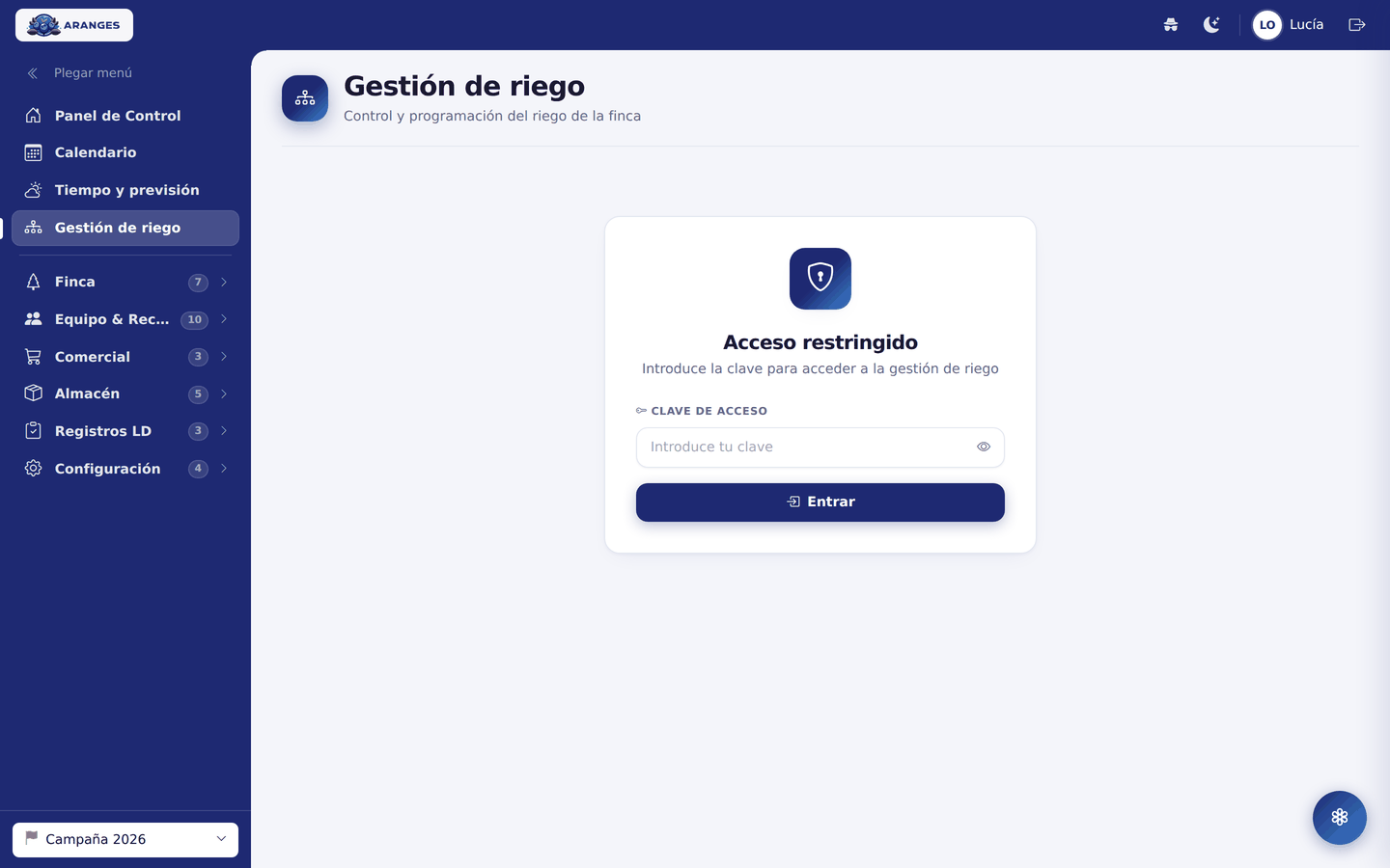 Pantalla de acceso a la gestión de riego